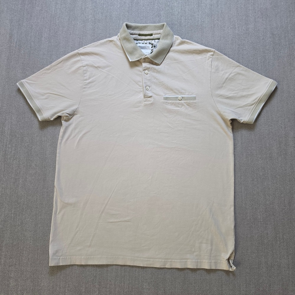 Denim & Flower Polo Shirt Mens Large Beige Short Sleeve Textured Trim